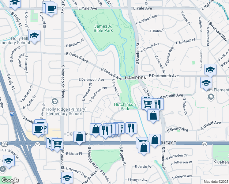 map of restaurants, bars, coffee shops, grocery stores, and more near 3215 South Pontiac Street in Denver