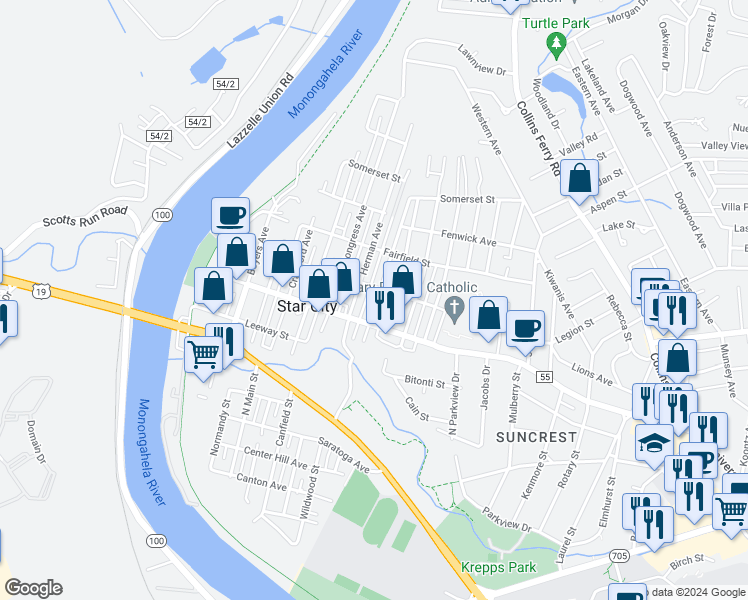 map of restaurants, bars, coffee shops, grocery stores, and more near 425 Kensington Avenue in Star City