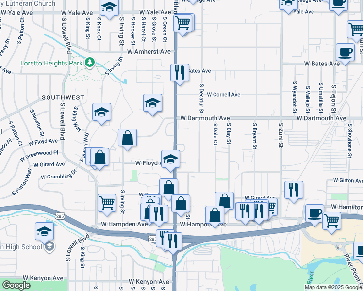 map of restaurants, bars, coffee shops, grocery stores, and more near 3200 South Federal Boulevard in Denver