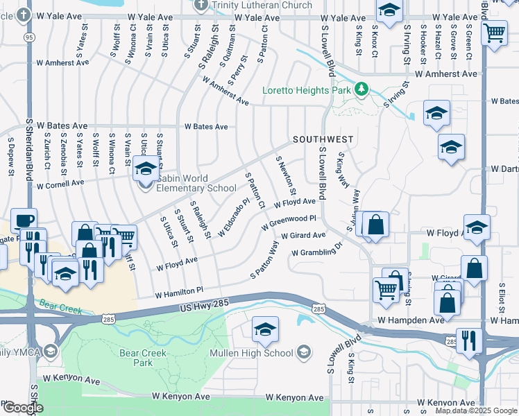 map of restaurants, bars, coffee shops, grocery stores, and more near 3955 West Floyd Avenue in Denver