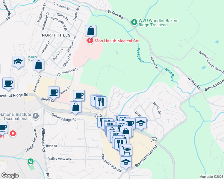 map of restaurants, bars, coffee shops, grocery stores, and more near 1000 Suncrest Village in Morgantown