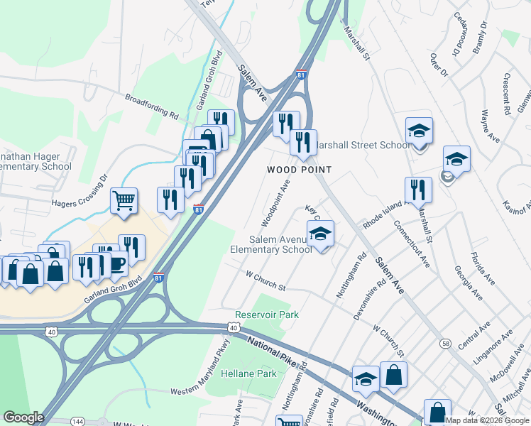 map of restaurants, bars, coffee shops, grocery stores, and more near 339 Woodpoint Avenue in Hagerstown