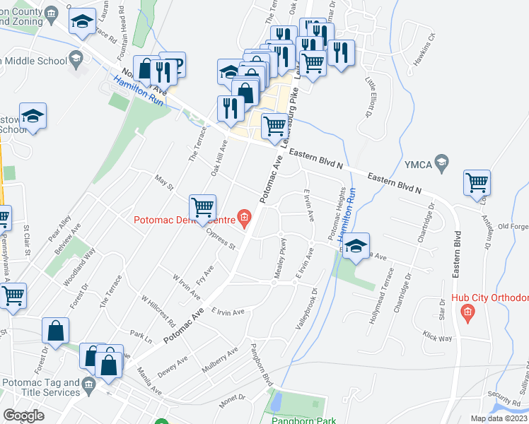 map of restaurants, bars, coffee shops, grocery stores, and more near 1334 Potomac Avenue in Hagerstown