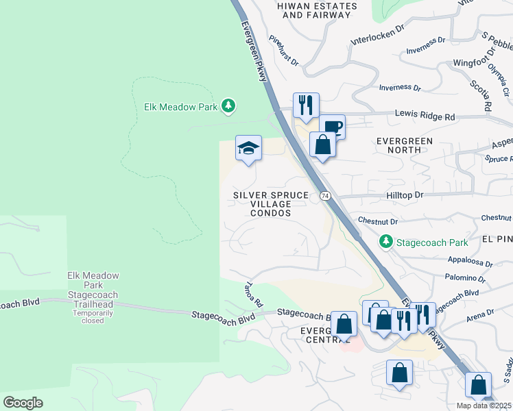 map of restaurants, bars, coffee shops, grocery stores, and more near 3089 Royale Elk Way in Evergreen