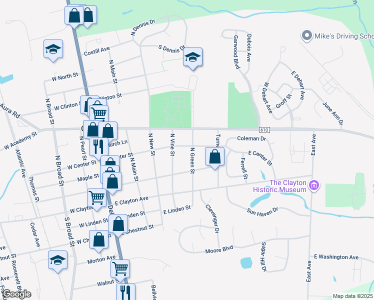 map of restaurants, bars, coffee shops, grocery stores, and more near 390 East Center Street in Clayton