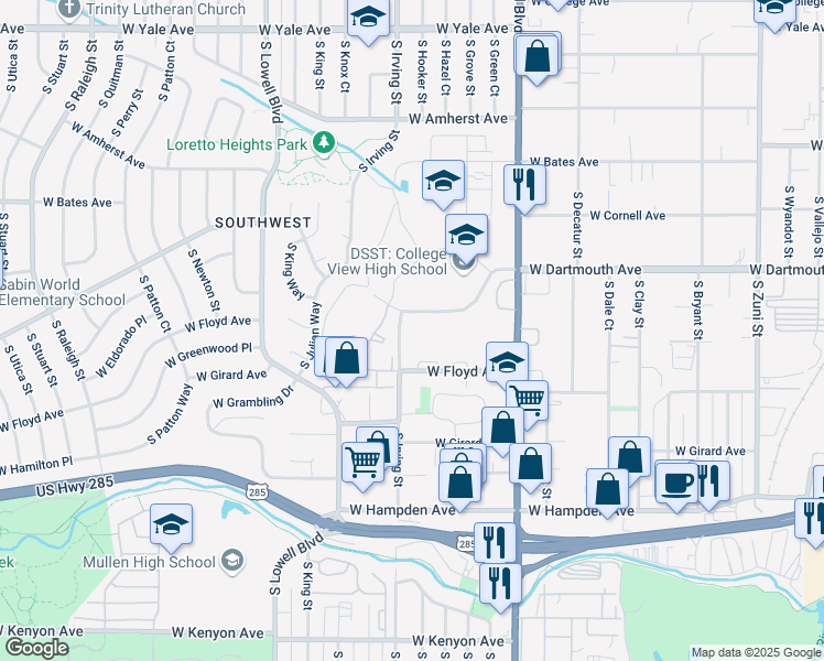 map of restaurants, bars, coffee shops, grocery stores, and more near 3220 South Irving Street in Denver
