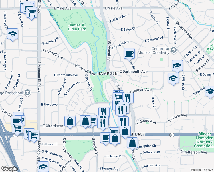 map of restaurants, bars, coffee shops, grocery stores, and more near 3121 South Tamarac Drive in Denver