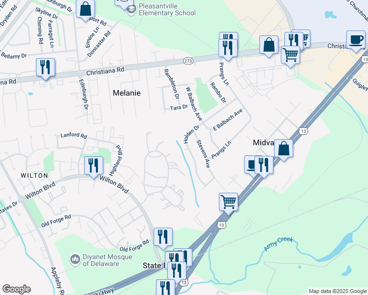 map of restaurants, bars, coffee shops, grocery stores, and more near 32 Holden Drive in New Castle