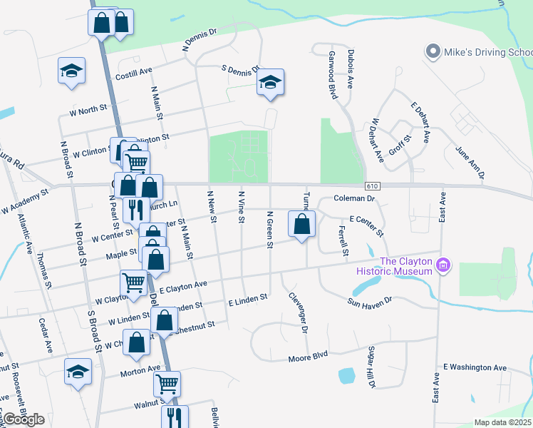 map of restaurants, bars, coffee shops, grocery stores, and more near 390 East Center Street in Clayton