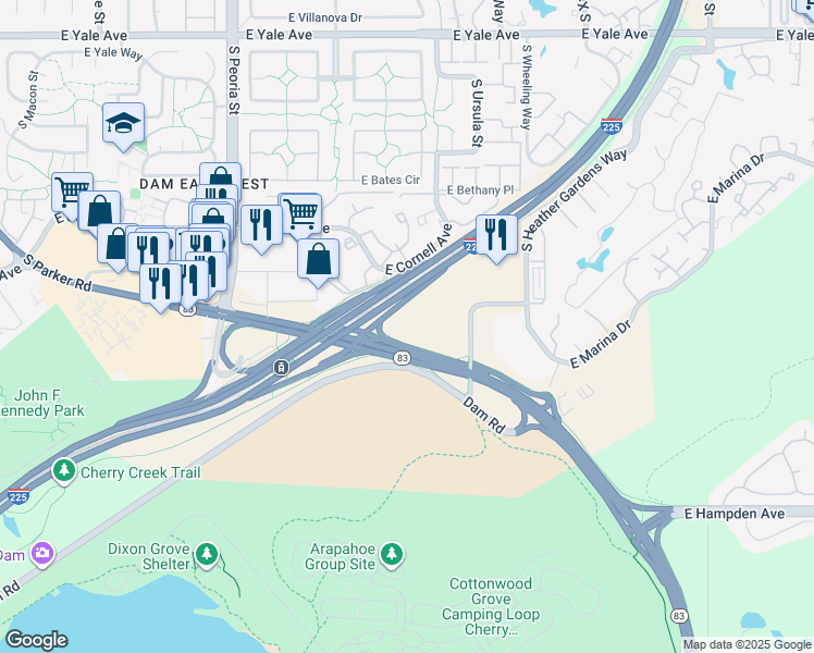map of restaurants, bars, coffee shops, grocery stores, and more near Parker East Trail in Aurora