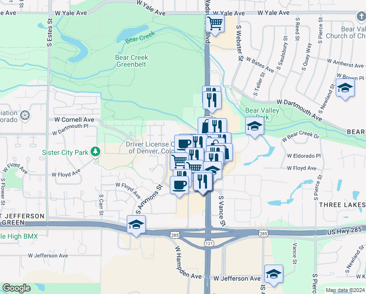 map of restaurants, bars, coffee shops, grocery stores, and more near 8045 West Eastman Place in Lakewood
