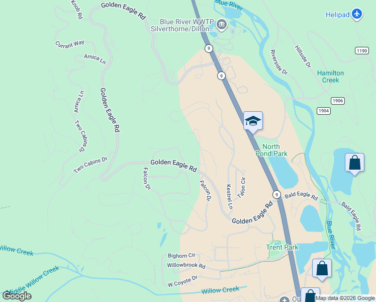 map of restaurants, bars, coffee shops, grocery stores, and more near 324 Black Hawk Circle in Silverthorne