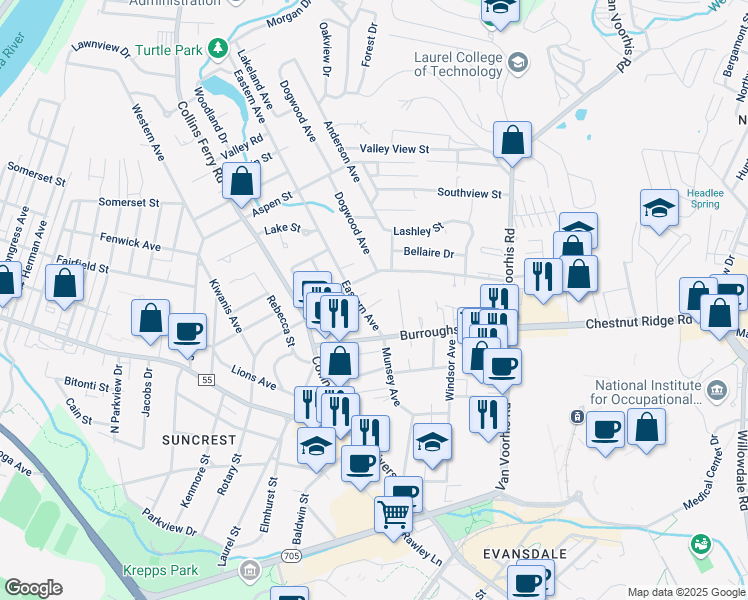 map of restaurants, bars, coffee shops, grocery stores, and more near 1230 Eastern Avenue in Morgantown