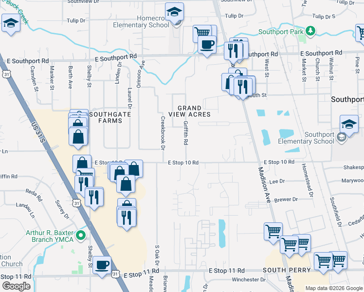 map of restaurants, bars, coffee shops, grocery stores, and more near 7420 Griffith Road in Indianapolis