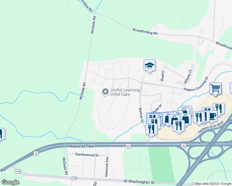map of restaurants, bars, coffee shops, grocery stores, and more near 12432 Gemstone Drive in Hagerstown