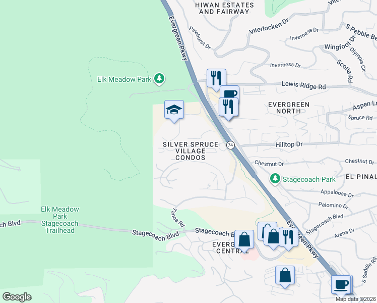 map of restaurants, bars, coffee shops, grocery stores, and more near 31270 John Wallace Road in Evergreen