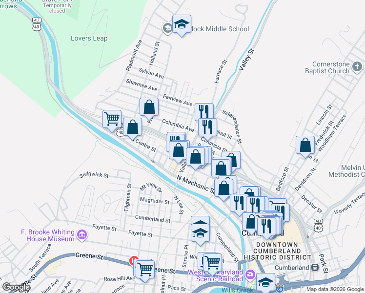 map of restaurants, bars, coffee shops, grocery stores, and more near 515 Henderson Avenue in Cumberland