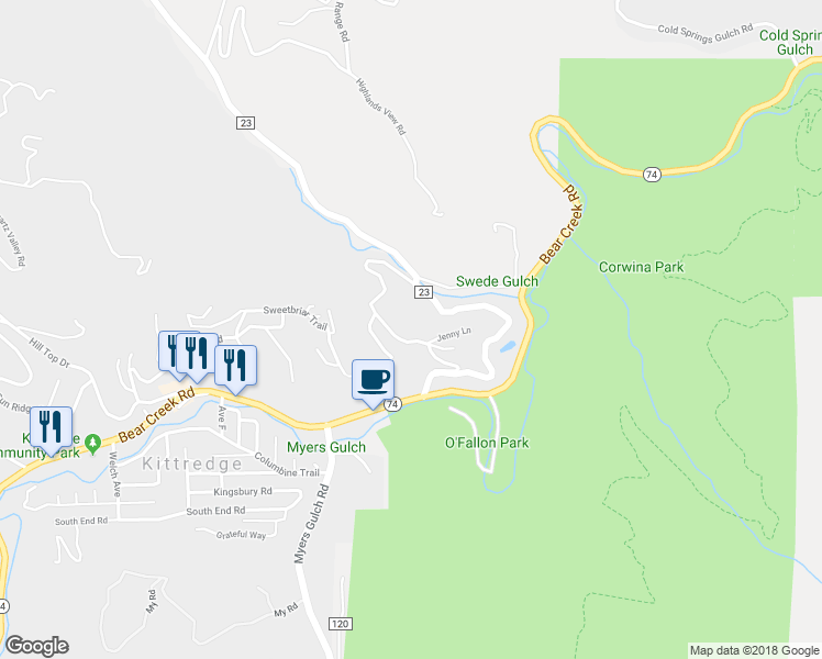 map of restaurants, bars, coffee shops, grocery stores, and more near 3164 South Piney Ridge Road in Evergreen