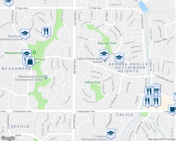 map of restaurants, bars, coffee shops, grocery stores, and more near 17103 East Eldorado Circle in Aurora