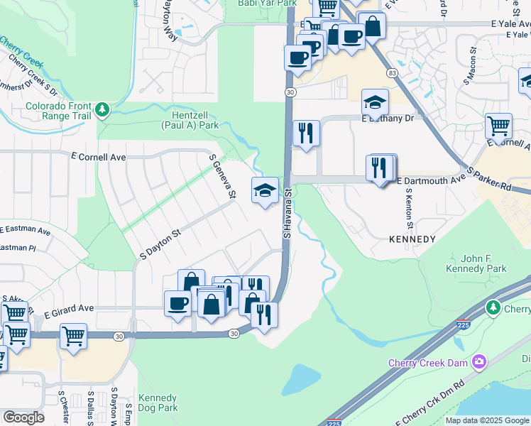 map of restaurants, bars, coffee shops, grocery stores, and more near 3333 South Havana Street in Denver