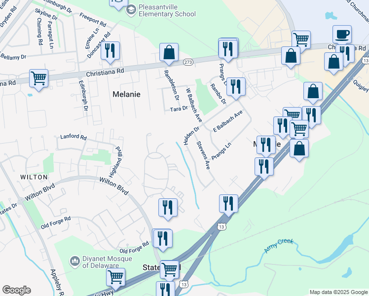 map of restaurants, bars, coffee shops, grocery stores, and more near 32 Holden Drive in New Castle