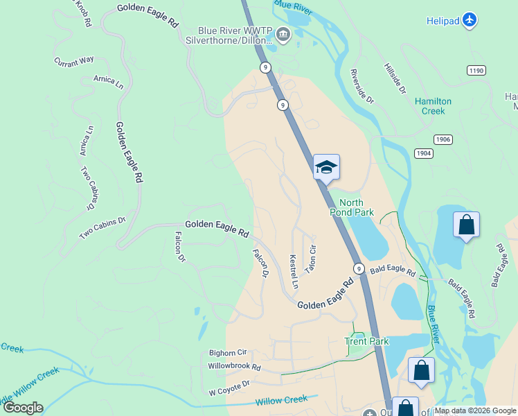 map of restaurants, bars, coffee shops, grocery stores, and more near 1805 Stellar Drive in Silverthorne
