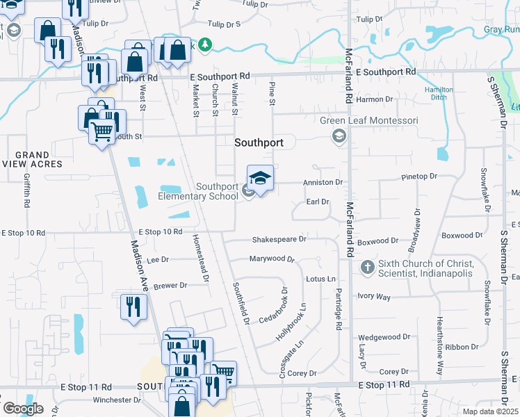 map of restaurants, bars, coffee shops, grocery stores, and more near 261 Anniston Drive in Indianapolis