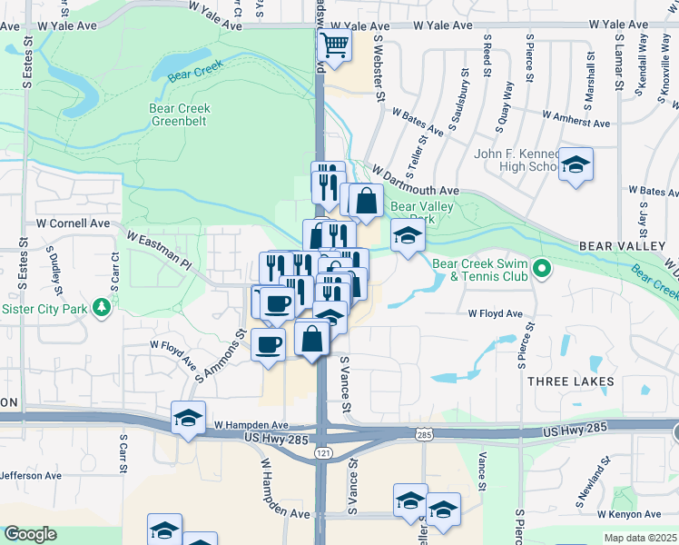 map of restaurants, bars, coffee shops, grocery stores, and more near in Lakewood