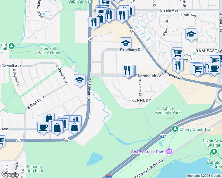 map of restaurants, bars, coffee shops, grocery stores, and more near 10700 East Dartmouth Avenue in Denver