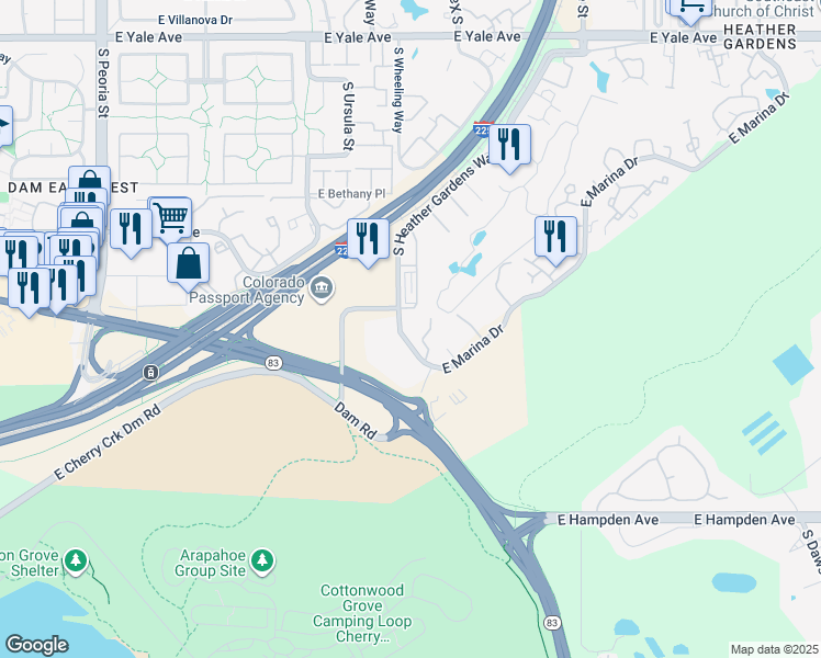 map of restaurants, bars, coffee shops, grocery stores, and more near 3184 South Heather Gardens Way in Aurora