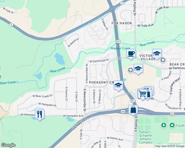map of restaurants, bars, coffee shops, grocery stores, and more near 3248 South Newcombe Street in Denver