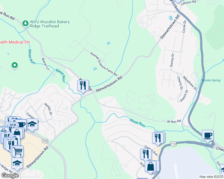 map of restaurants, bars, coffee shops, grocery stores, and more near 1440 Stewartstown Road in Morgantown
