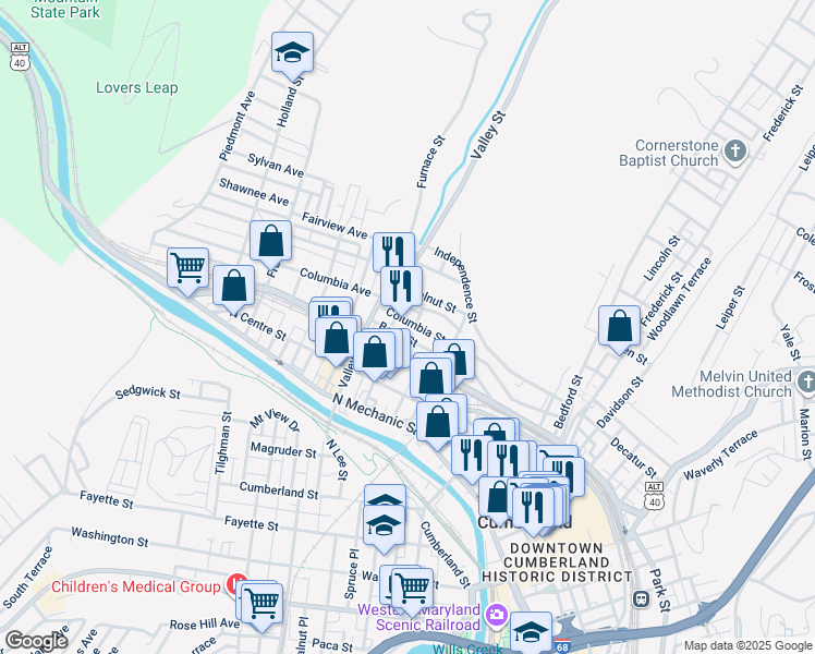 map of restaurants, bars, coffee shops, grocery stores, and more near 432 Columbia Street in Cumberland