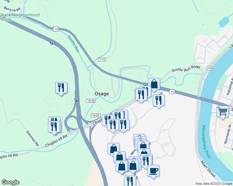 map of restaurants, bars, coffee shops, grocery stores, and more near 53 Lady Bug Lane in Osage