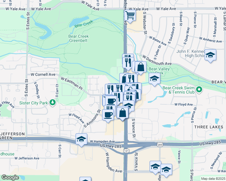 map of restaurants, bars, coffee shops, grocery stores, and more near 3201 South Wadsworth Boulevard in Lakewood