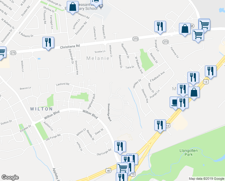 map of restaurants, bars, coffee shops, grocery stores, and more near 414 Stonebridge Boulevard in New Castle