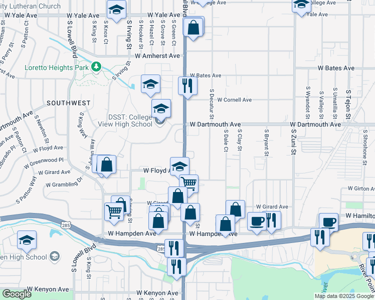 map of restaurants, bars, coffee shops, grocery stores, and more near 3200 South Federal Boulevard in Denver
