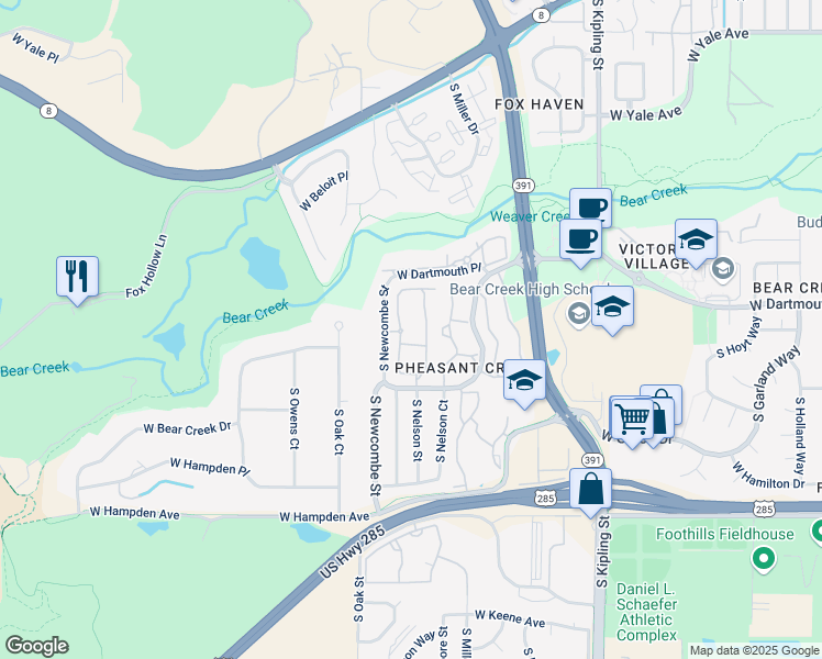 map of restaurants, bars, coffee shops, grocery stores, and more near 3256 South Newcombe Street in Lakewood