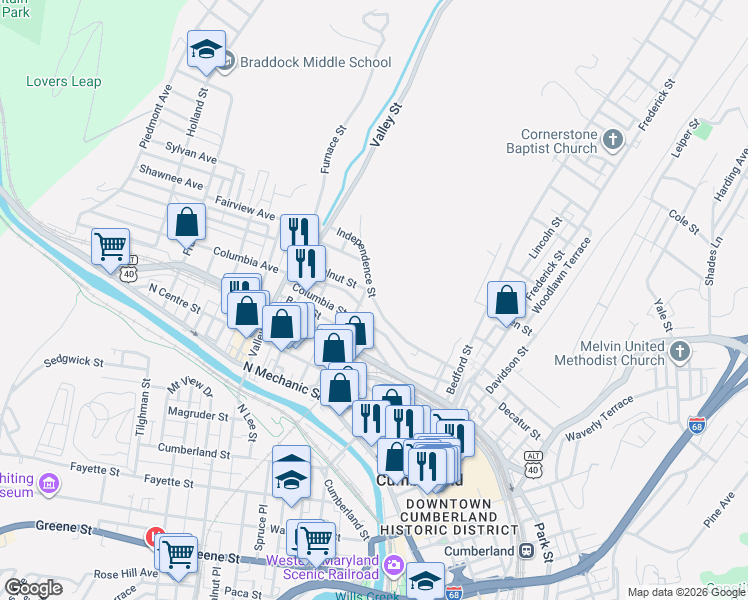 map of restaurants, bars, coffee shops, grocery stores, and more near 311 Columbia Street in Cumberland