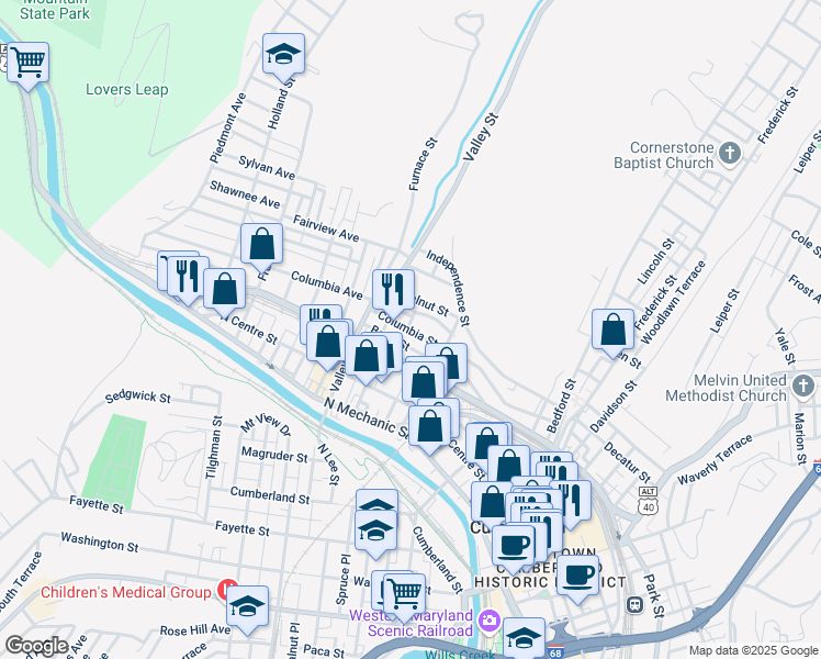 map of restaurants, bars, coffee shops, grocery stores, and more near 416 Columbia Street in Cumberland