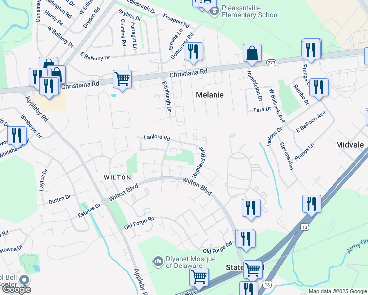 map of restaurants, bars, coffee shops, grocery stores, and more near 202 Highland Boulevard in New Castle
