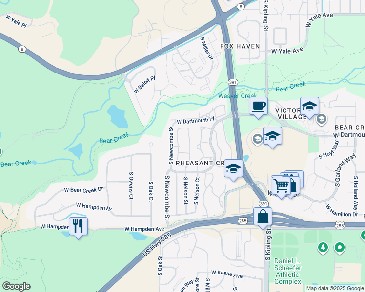 map of restaurants, bars, coffee shops, grocery stores, and more near 3248 South Newcombe Street in Lakewood