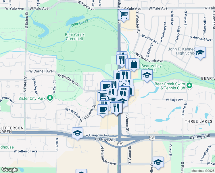 map of restaurants, bars, coffee shops, grocery stores, and more near 3201 South Wadsworth Boulevard in Lakewood