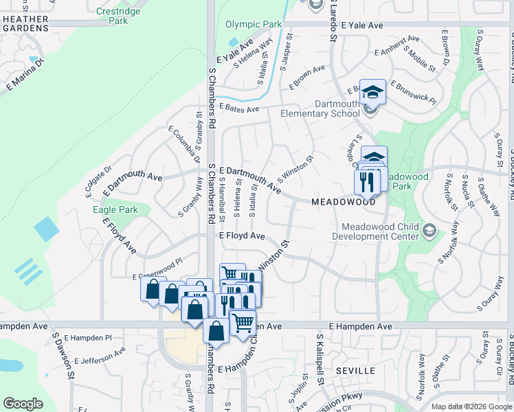 map of restaurants, bars, coffee shops, grocery stores, and more near 15650 East Eldorado Drive in Aurora
