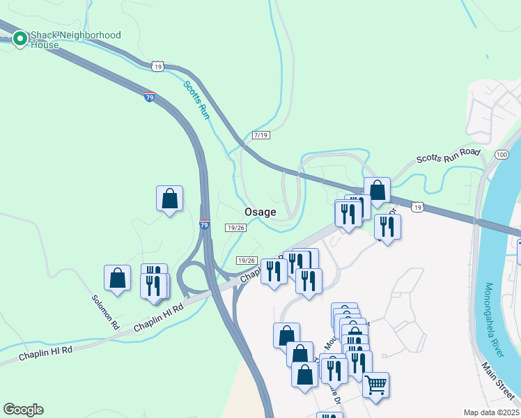 map of restaurants, bars, coffee shops, grocery stores, and more near 444 Scotts Run Road in Morgantown