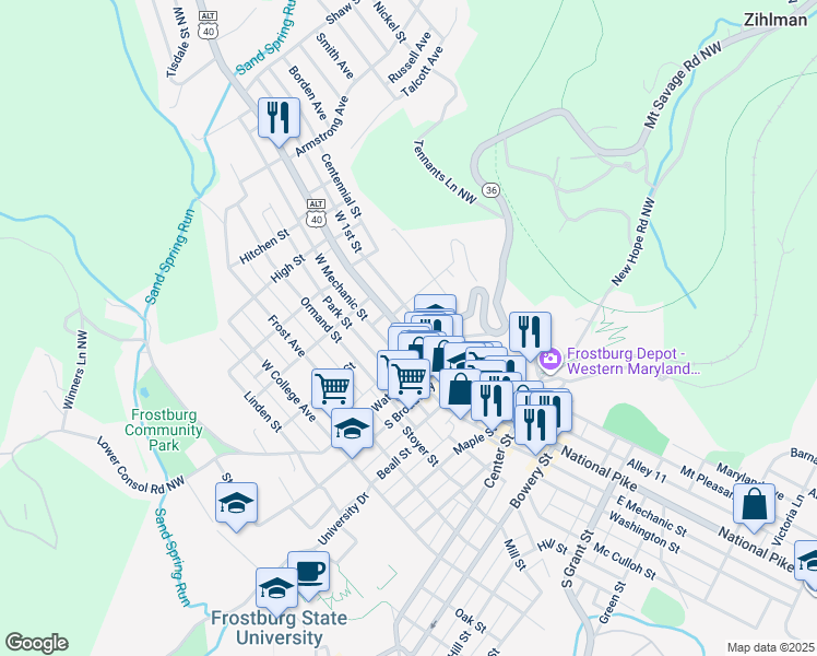 map of restaurants, bars, coffee shops, grocery stores, and more near 51 West Main Street in Frostburg