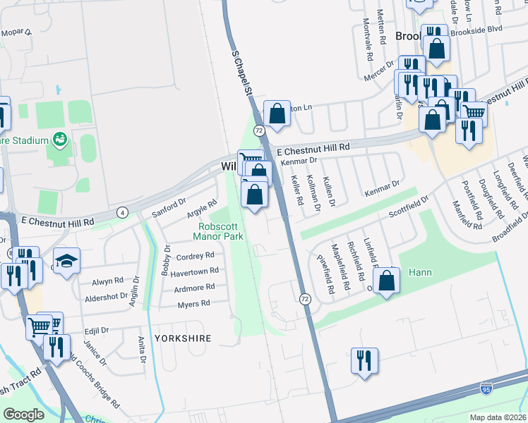 map of restaurants, bars, coffee shops, grocery stores, and more near 150 Pencader Plaza in Newark
