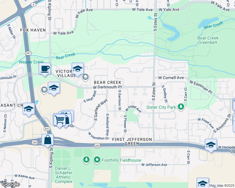 map of restaurants, bars, coffee shops, grocery stores, and more near 3225 South Garrison Street in Lakewood