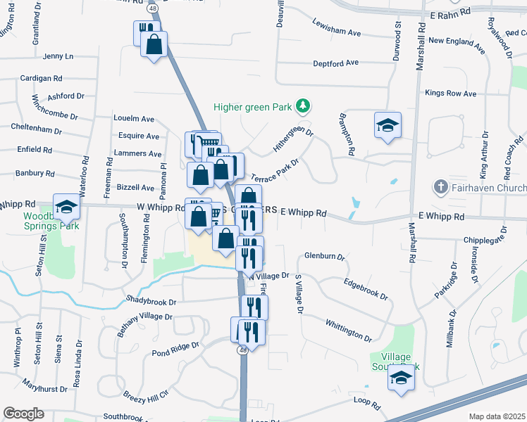 map of restaurants, bars, coffee shops, grocery stores, and more near 180 East Whipp Road in Montgomery County