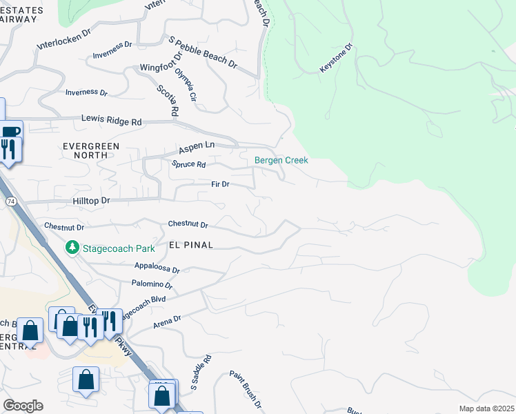map of restaurants, bars, coffee shops, grocery stores, and more near 3116 Sulky Lane in Evergreen